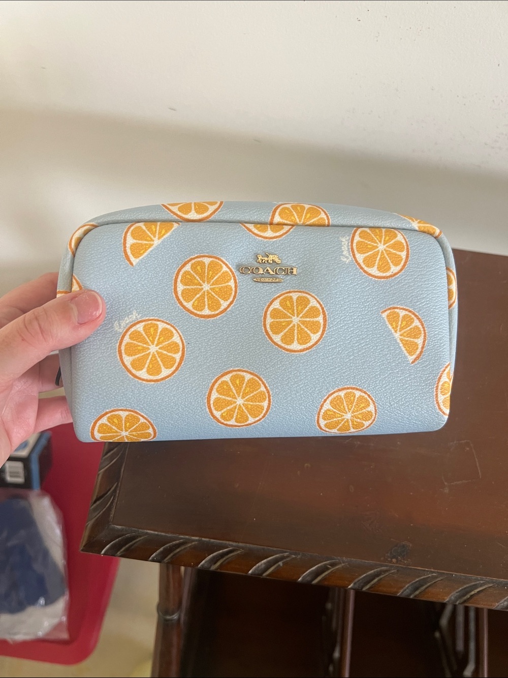 Coach Blue Cosmetic Pouch with Orange Slice Print